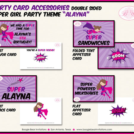 Superhero Girl Birthday Party Favor Card Tent Appetizer Place Tag Pink Purple Graphic Novel Supergirl Boogie Bear Invitations Alayna Theme