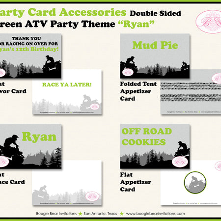 Green ATV Birthday Party Favor Card Tent Appetizer Place Quad All Terrain Vehicle 4 Wheeler Sport Racing Boogie Bear Invitations Ryan Theme