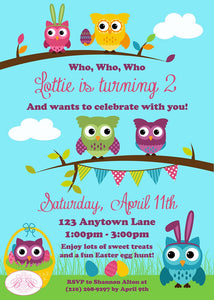 Spring Easter Owls Birthday Party Invitation Egg Hunt Girl Boy Pastel Garden Woodland Boogie Bear Lottie Theme Paperless Printable Printed