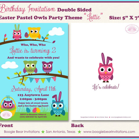 Spring Easter Owls Birthday Party Invitation Egg Hunt Girl Boy Pastel Garden Woodland Boogie Bear Lottie Theme Paperless Printable Printed