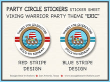 Load image into Gallery viewer, Viking Warrior Birthday Party Stickers Circle Sheet Round Boy Girl Red Blue Sail Ship Swim Swimming Boat Boogie Bear Invitations Eric Theme