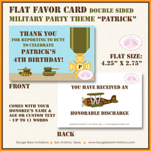 Load image into Gallery viewer, Military Birthday Party Favor Card Tent Appetizer Place Army Navy Air Force Marines Green Tank Private Boogie Bear Invitations Patrick Theme