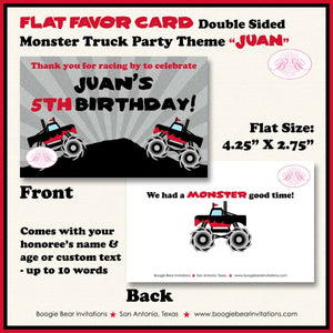 Red Monster Truck Birthday Party Favor Card Tent Appetizer Place Smash Up Racing Arena Race Show Boy Girl Boogie Bear Invitations Juan Theme