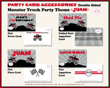 Load image into Gallery viewer, Red Monster Truck Birthday Party Favor Card Tent Appetizer Place Smash Up Racing Arena Race Show Boy Girl Boogie Bear Invitations Juan Theme