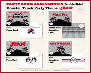 Red Monster Truck Birthday Party Favor Card Tent Appetizer Place Smash Up Racing Arena Race Show Boy Girl Boogie Bear Invitations Juan Theme