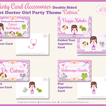 Vet Doctor Birthday Party Favor Card Tent Appetizer Place Girl Cat Dog Purple Pink ER Animal Hospital Boogie Bear Invitations Catrice Theme