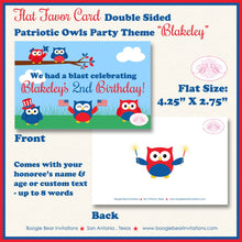 Load image into Gallery viewer, 4th of July Owls Birthday Party Favor Card Tent Place Food Fireworks Patriotic Independence Day Kids Boogie Bear Invitations Blakeley Theme