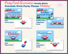 Load image into Gallery viewer, 4th of July Owls Birthday Party Favor Card Tent Place Food Fireworks Patriotic Independence Day Kids Boogie Bear Invitations Blakeley Theme