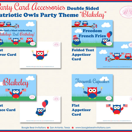 4th of July Owls Birthday Party Favor Card Tent Place Food Fireworks Patriotic Independence Day Kids Boogie Bear Invitations Blakeley Theme