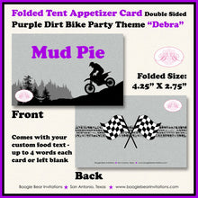 Load image into Gallery viewer, Purple Dirt Bike Birthday Party Favor Card Tent Appetizer Place Girl Enduro Motocross Motorcycle Racing Boogie Bear Invitations Debra Theme