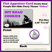 Load image into Gallery viewer, Purple Dirt Bike Birthday Party Favor Card Tent Appetizer Place Girl Enduro Motocross Motorcycle Racing Boogie Bear Invitations Debra Theme