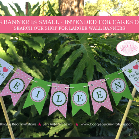 Lucky Charm Party Pennant Cake Banner Topper Pink Green Girl Polka Dot Green St. Patrick's Day Shamrock Boogie Bear Invitations Eileen Theme