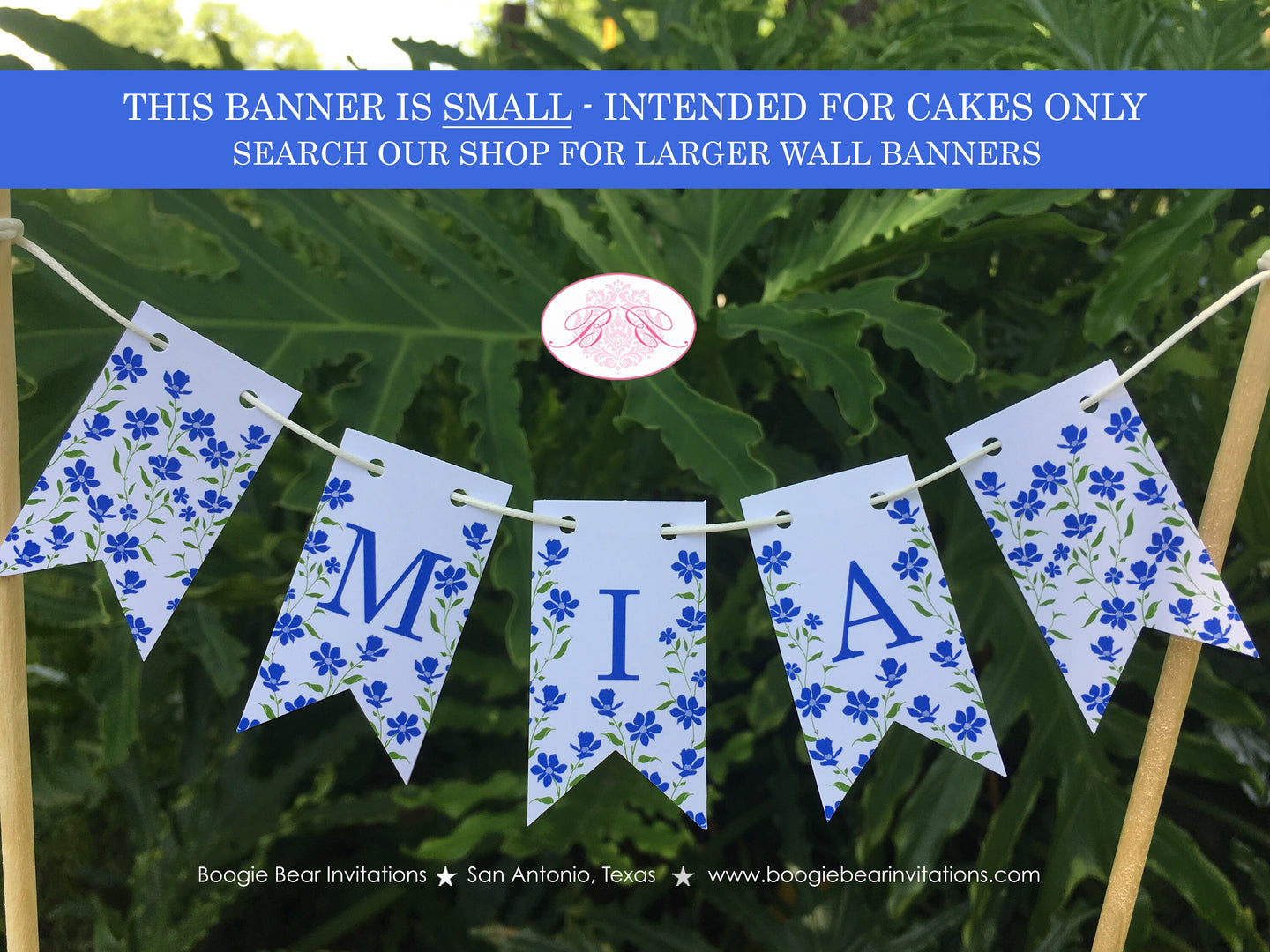Blue Flowers Party Pennant Cake Banner Topper Birthday Flag Girl Wildflowers Green Bluebonnet Wild Pansies Boogie Bear Invitations Mia Theme