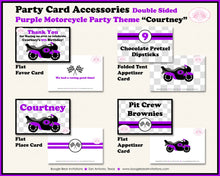 Load image into Gallery viewer, Purple Motorcycle Birthday Party Favor Card Tent Tent Food Place Folded Appetizer Grand Prix Enduro Boogie Bear Invitations Courtney Theme