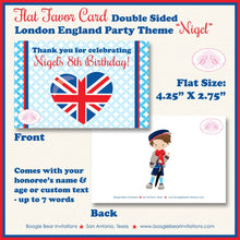 Load image into Gallery viewer, London England Birthday Favor Party Card Tent Place Food Appetizer Boy British Union Jack Flag Big Ben Boogie Bear Invitations Nigel Theme