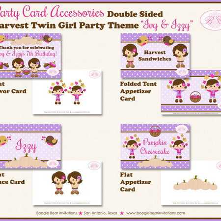 Twin Girl Woodland Birthday Favor Party Card Tent Place Food Appetizer Pumpkin Autumn Country Farm Boogie Bear Invitations Ivy & Izzy Theme