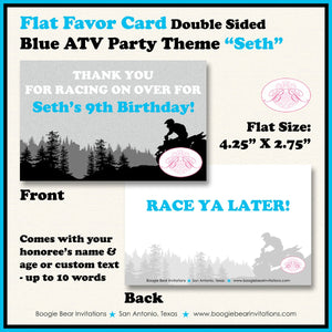 Blue ATV Birthday Party Favor Card Tent Appetizer Place Quad All Terrain Vehicle 4 Wheeler Sports Racing Boogie Bear Invitations Seth Theme