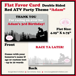 Red ATV Birthday Party Favor Card Tent Appetizer Place Quad All Terrain Vehicle 4 Wheeler Sports Racing Boogie Bear Invitations Adam Theme