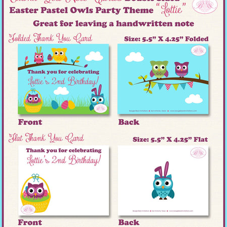 Easter Owls Party Thank You Card Birthday Girl Boy Spring Forest Egg Hunt Garden Woodland Painting Boogie Bear Invitations Lottie Theme