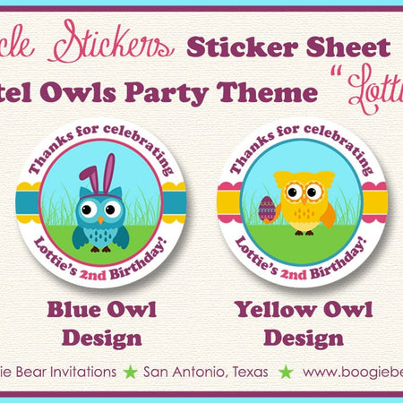 Easter Owl Birthday Party Stickers Circle Sheet Round Girl Boy Spring Pastel Egg Hunt Painting Woodland Boogie Bear Invitations Lottie Theme