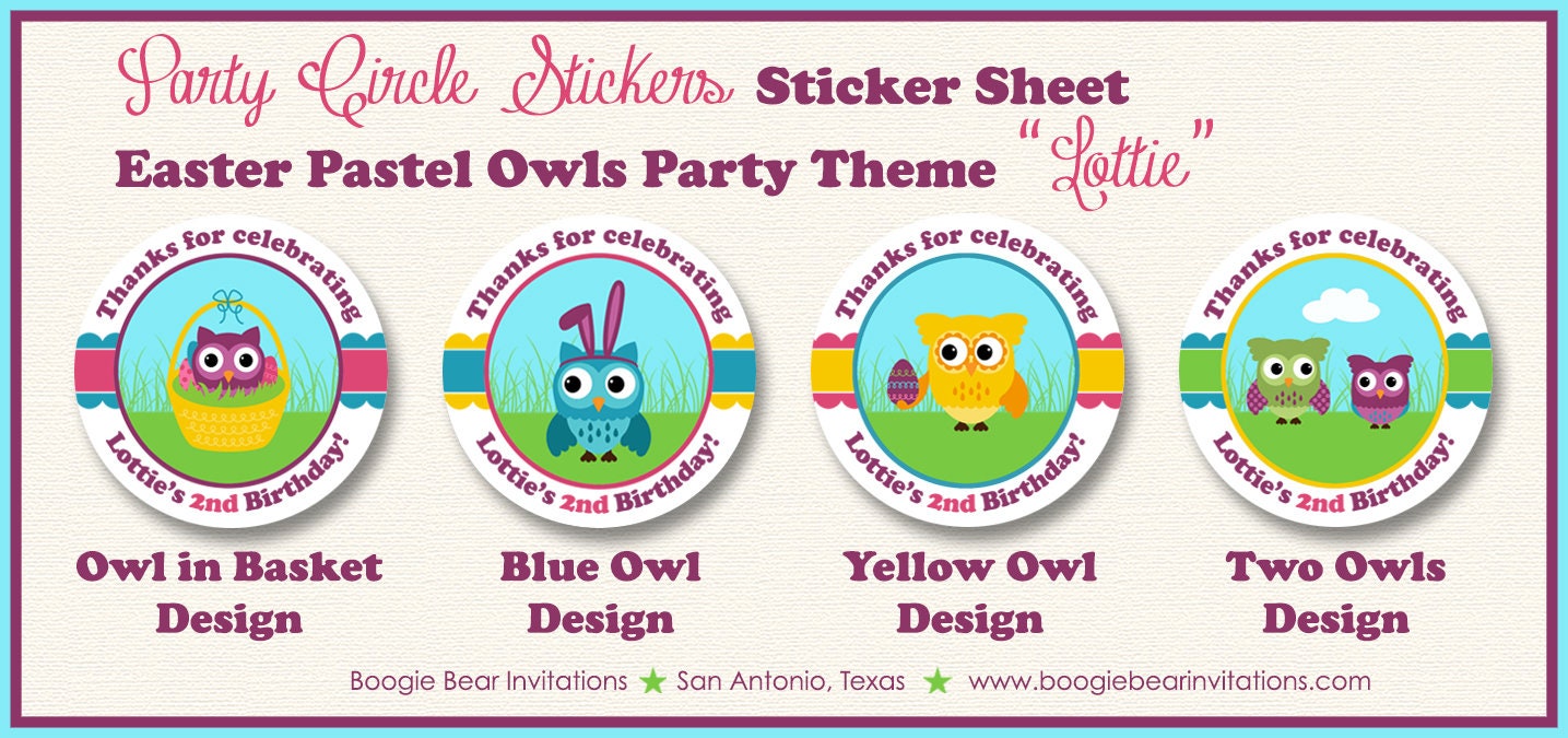 Easter Owl Birthday Party Stickers Circle Sheet Round Girl Boy Spring Pastel Egg Hunt Painting Woodland Boogie Bear Invitations Lottie Theme