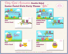 Load image into Gallery viewer, Easter Owls Birthday Favor Party Card Tent Place Food Tag Note Girl Boy Pastel Egg Hunt Garden Woodland Boogie Bear Invitations Lottie Theme