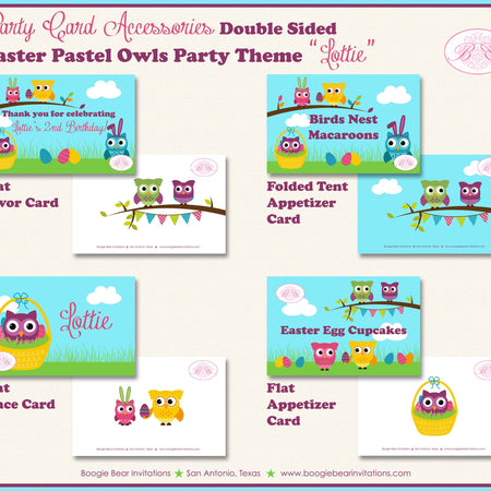 Easter Owls Birthday Favor Party Card Tent Place Food Tag Note Girl Boy Pastel Egg Hunt Garden Woodland Boogie Bear Invitations Lottie Theme