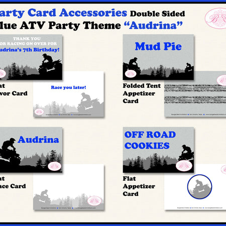 Blue ATV Birthday Party Favor Card Tent Appetizer Place Quad All Terrain Vehicle 4 Wheeler Sports Kid Boogie Bear Invitations Audrina Theme