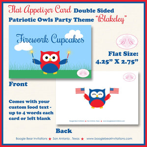 4th of July Owls Birthday Party Favor Card Tent Place Food Fireworks Patriotic Independence Day Kids Boogie Bear Invitations Blakeley Theme