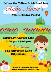 Wizard of Oz Birthday Party Invitation Dorothy Red Girl Yellow Brick Road Good Bad Witch Boogie Bear Ruby Theme Paperless Printable Printed