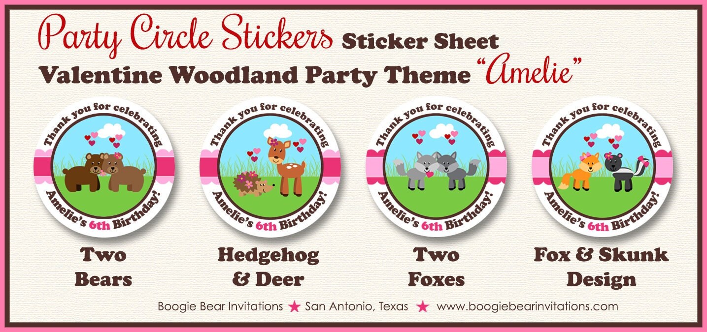 Valentines Day Woodland Party Stickers Circle Sheet Round Birthday Love Forest Animals Creatures Garden Boogie Bear Invitations Amelie Theme