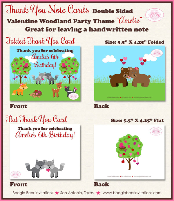 Valentines Day Woodland Party Thank You Card Birthday Girl Boy Forest Red Pink Heart Love Boogie Bear Invitations Amelie Theme Printed