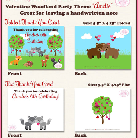 Valentines Day Woodland Party Thank You Card Birthday Girl Boy Forest Red Pink Heart Love Boogie Bear Invitations Amelie Theme Printed