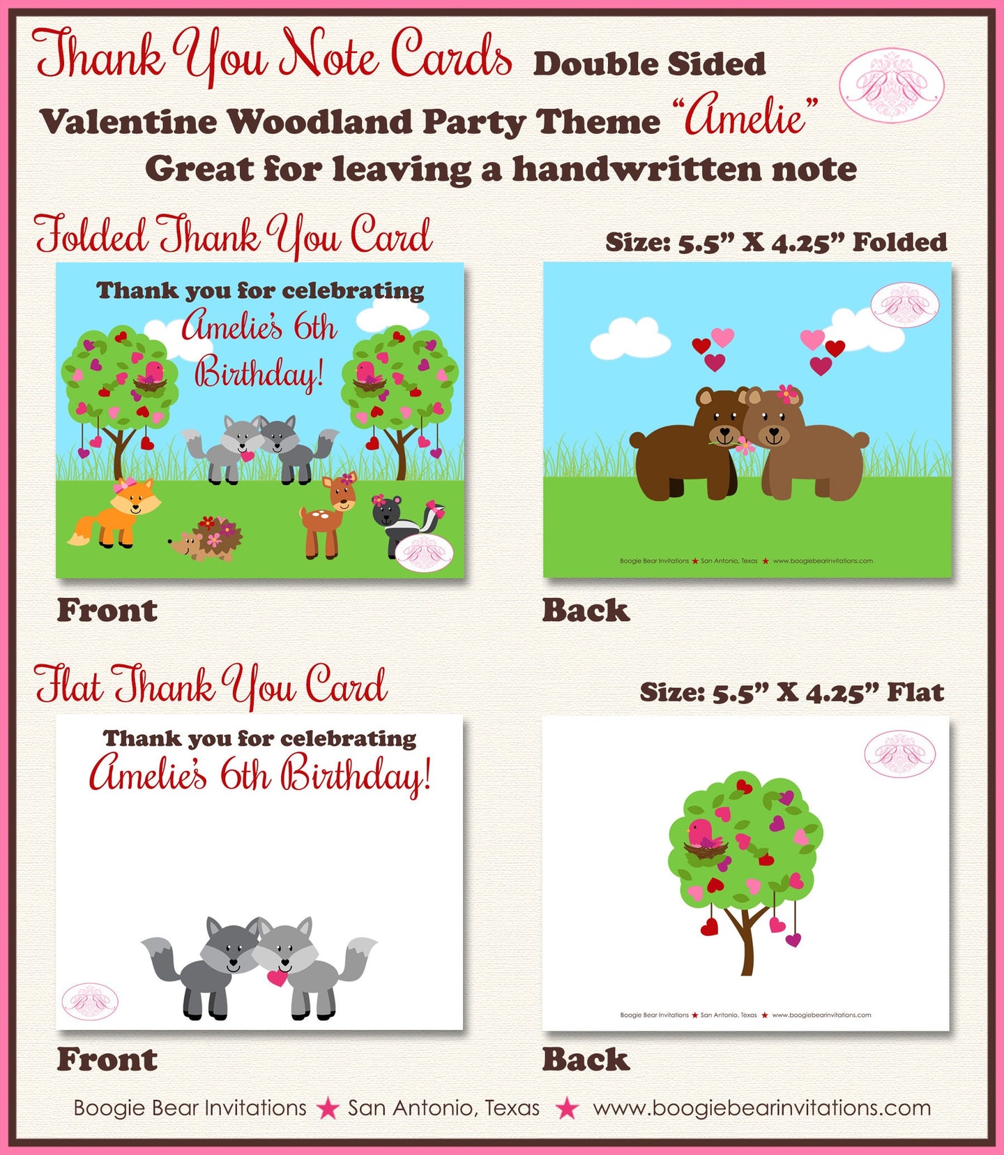 Valentines Day Woodland Party Thank You Card Birthday Girl Boy Forest Red Pink Heart Love Boogie Bear Invitations Amelie Theme Printed
