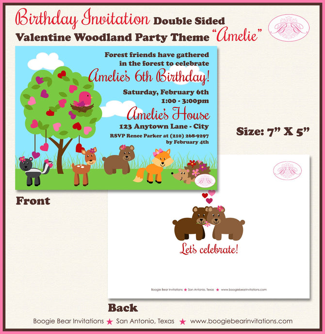 Valentine Woodland Animals Party Invitation Birthday Forest Creatures Heart Boogie Bear Invitations Amelie Theme Paperless Printable Printed