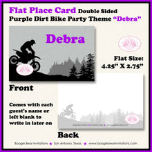 Load image into Gallery viewer, Purple Dirt Bike Birthday Party Favor Card Tent Appetizer Place Girl Enduro Motocross Motorcycle Racing Boogie Bear Invitations Debra Theme