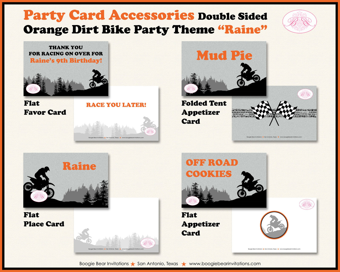 Orange Dirt Bike Birthday Party Favor Card Tent Appetizer Place Enduro Motocross Motorcycle Racing Race Boogie Bear Invitations Raine Theme