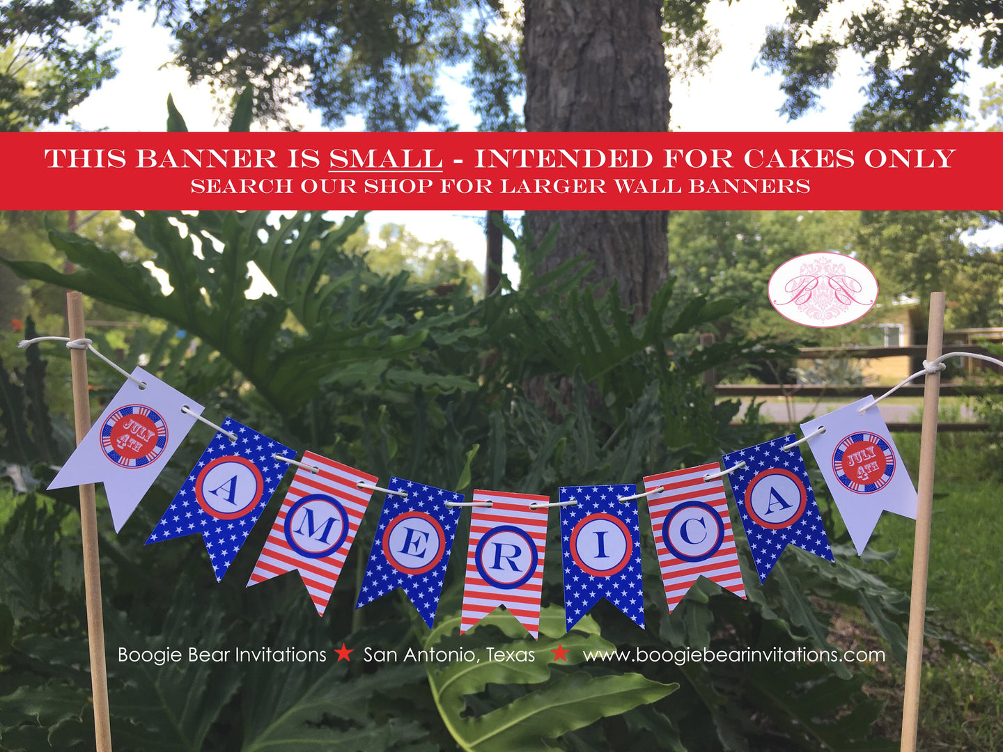 4th of July Party Pennant Cake Banner Topper Stars Stripes Red White Blue Flag America United States Boogie Bear Invitations Hamilton Theme