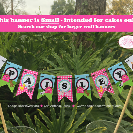 Farm Animals Party Pennant Cake Banner Topper Happy Birthday Girl Pink Barn Petting Zoo Country Rustic Boogie Bear Invitations Paisley Theme