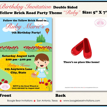 Wizard of Oz Birthday Party Invitation Dorothy Red Girl Yellow Brick Road Good Bad Witch Boogie Bear Ruby Theme Paperless Printable Printed