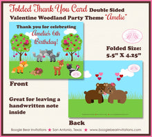 Load image into Gallery viewer, Valentines Day Woodland Party Thank You Card Birthday Girl Boy Forest Red Pink Heart Love Boogie Bear Invitations Amelie Theme Printed