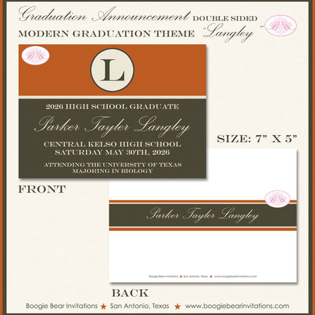 Monogram Graduation Announcement Modern High School College Brown 2022 2023 2024 Boogie Bear Invitations Langley Paperless Printable Printed
