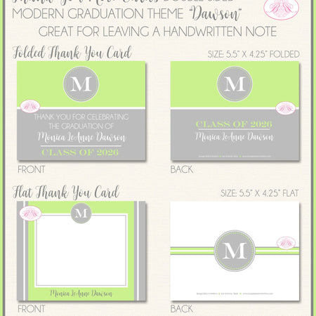 Modern Lime Graduation Thank You Cards High School Grey Green Monogram Initial 2022 2023 2024 Boogie Bear Invitations Dawson Theme Printed