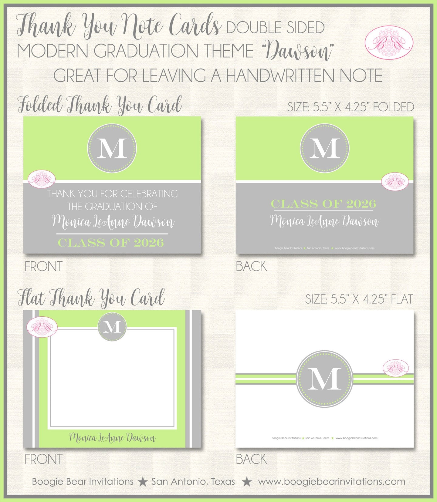 Modern Lime Graduation Thank You Cards High School Grey Green Monogram Initial 2022 2023 2024 Boogie Bear Invitations Dawson Theme Printed