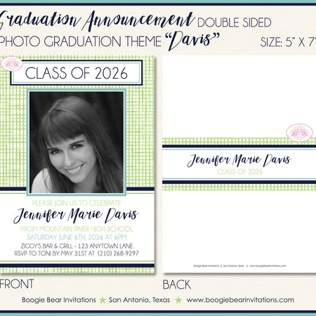 Modern Photo Graduation Announcement Party Boy Girl Lime Blue 2022 2023 2024 Boogie Bear Invitations Davis Theme Paperless Printable Printed