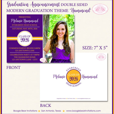 Photo Graduation Announcement High School College Purple 2022 2023 2024 Boogie Bear Invitations Hammond Theme Paperless Printable Printed