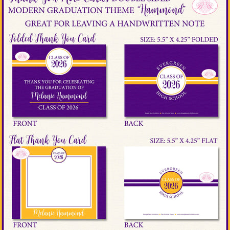 Modern Graduation Thank You Cards High School College Purple Gold 2022 2023 2024 2025 Boogie Bear Invitations Hammond Theme Printed