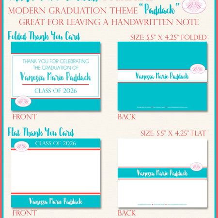 Modern Blue Red Graduation Thank You Cards Note High School Aqua Coral 2022 2023 2024 2025 Boogie Bear Invitations Paddack Theme Printed