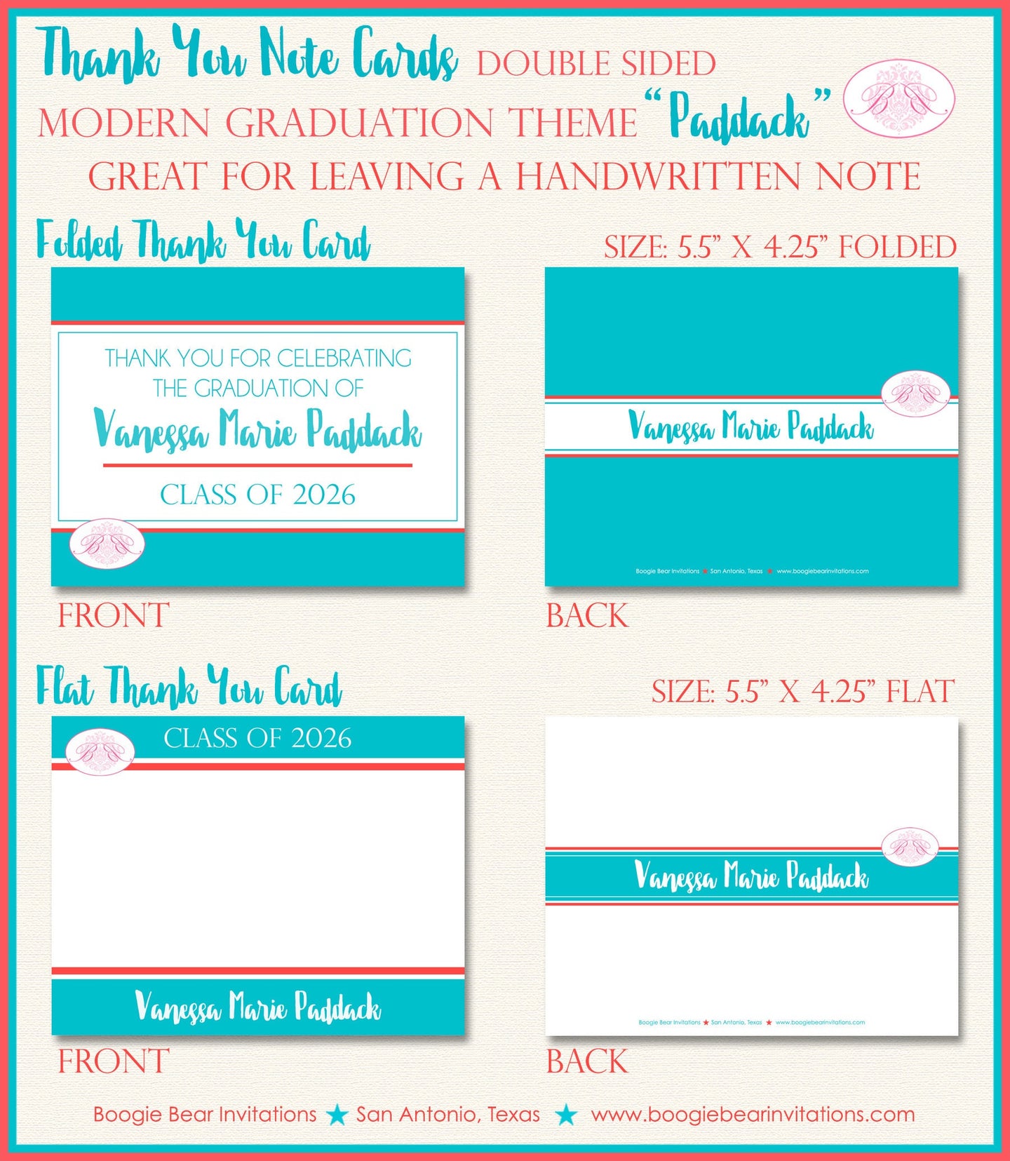 Modern Blue Red Graduation Thank You Cards Note High School Aqua Coral 2022 2023 2024 2025 Boogie Bear Invitations Paddack Theme Printed