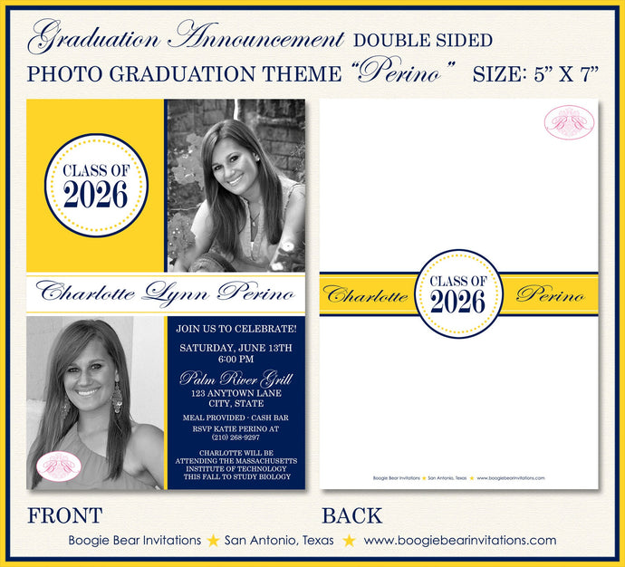 Modern Photo Graduation Announcement Party Yellow Navy Blue 20222 2023 2024 Boogie Bear Invitations Perino Theme Paperless Printable Printed